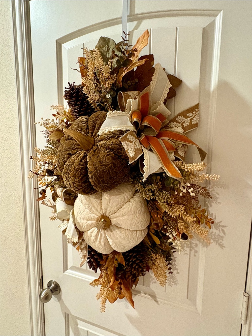 Velvet Pumpkins Fall Wreath, Gold Stems, Lace Ribbon, Luxe Autumn Door Decor